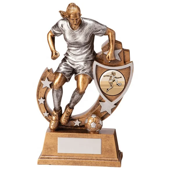 Wholesale unique products OEM cheap football sports challenge souvenir cup resin soccer trophy female figurine