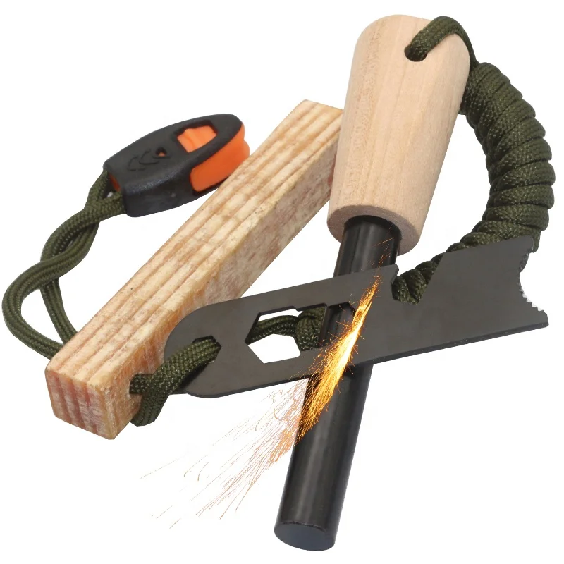 EDC Outdoor Gifts Custom Wood Handle Ferro Rod Fatwood Fire Starter for Camping Fire Kit