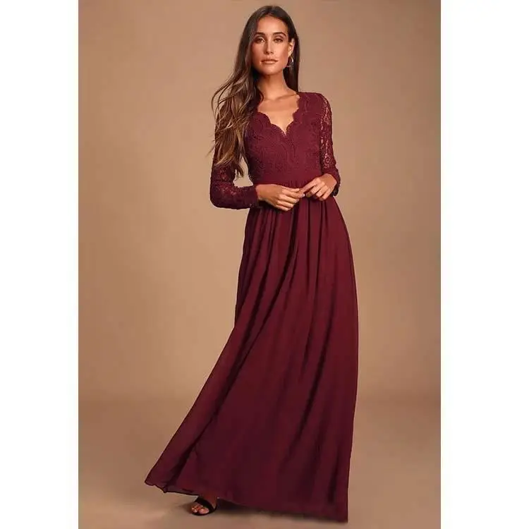 Elegant V Neck Backless Boho Style Bridesmaid Long Lace Sleeve Evening Dress For OEM