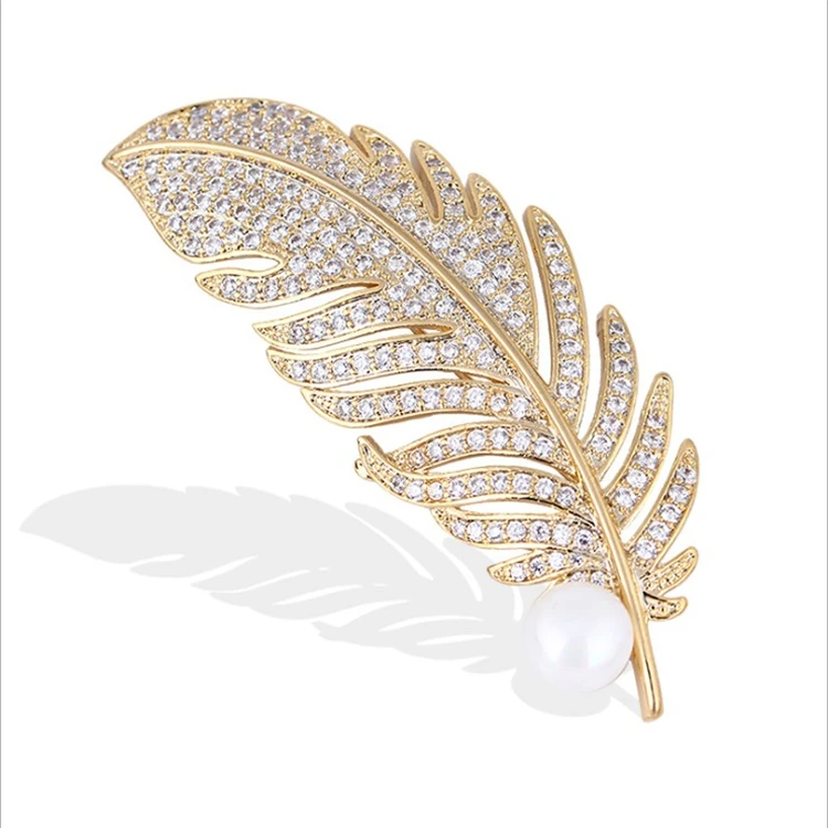 European and American fashion atmospheric feather leaf brooch clothing accessories men and women rhinestone alloy brooch