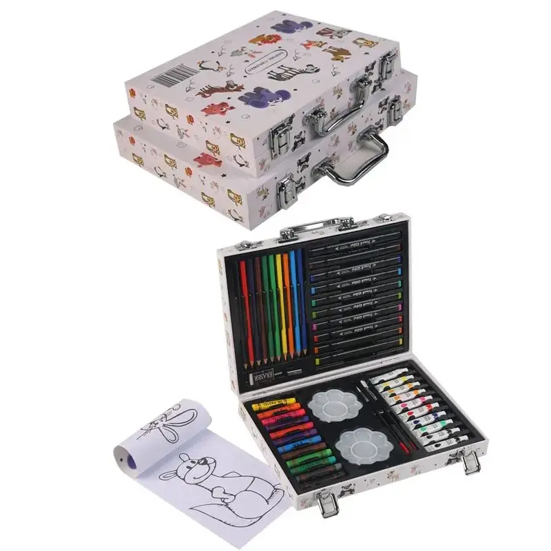 Wholesale 004 64 pieces wooden box art drawing set with watercolor pen and colour pencil for kids