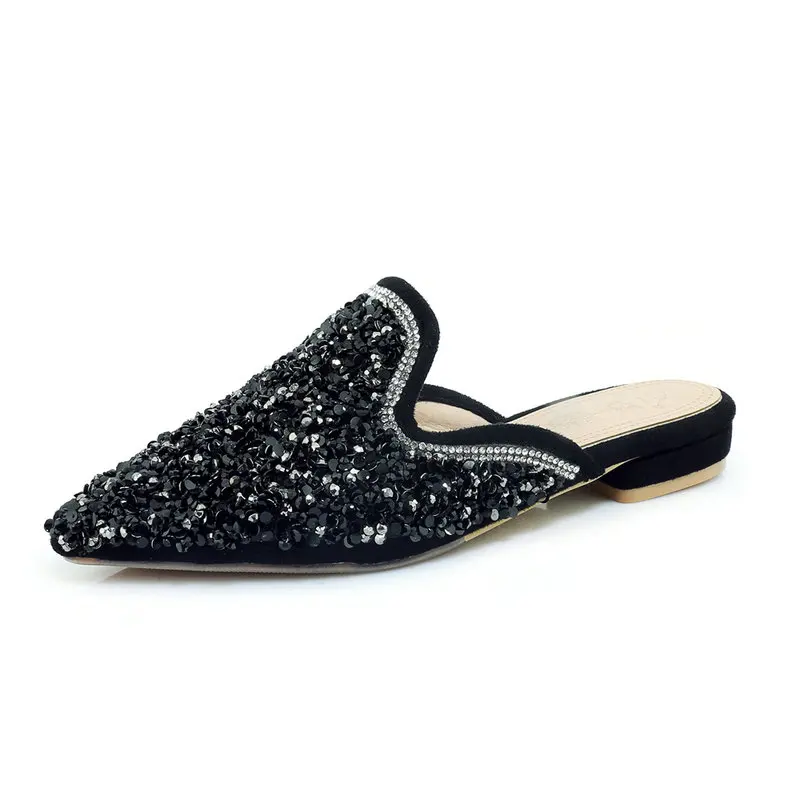 
Designer Slippers Women Famous Brands Spring Autumn Pointed Toe Mules Flat Slippers New Fashion Glitter Mules Women Half Shoes 