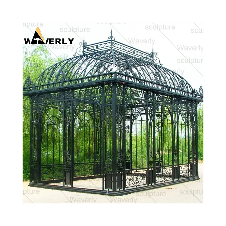 Modern European Garden Decor Victorian Wrought Iron Gazebo Custom Casting Outdoor Landscape Luxury Green Metal Cast Iron Gazebo
