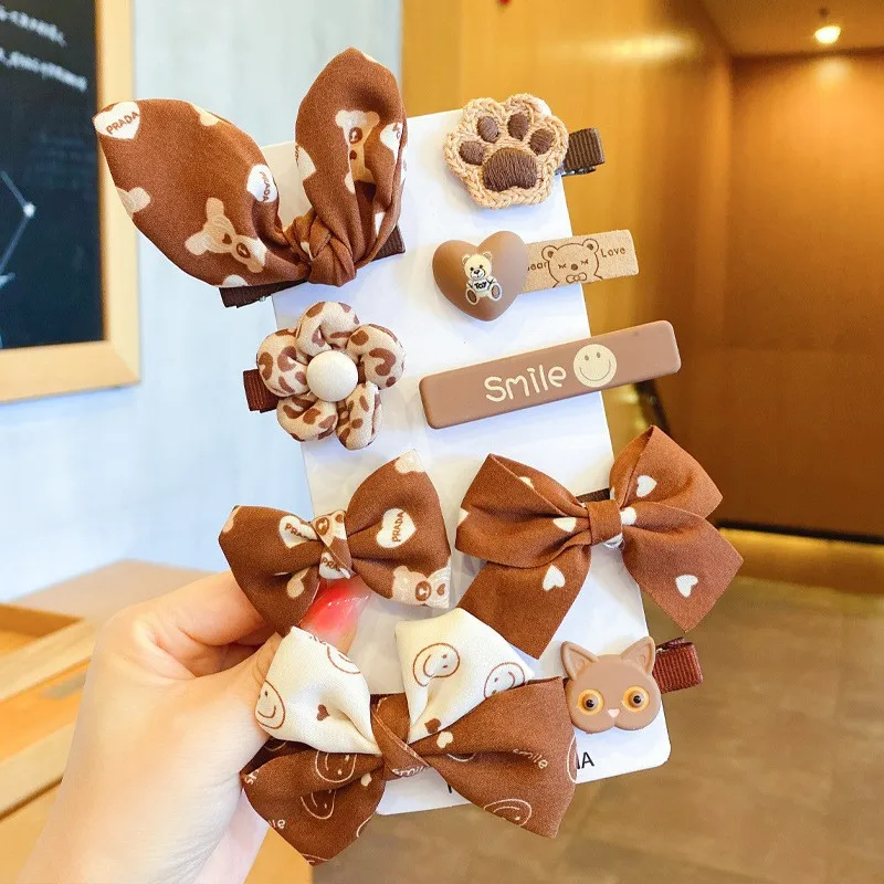 9 Pcs/Set Cartoon Brown Bear Girls Hair Accessories Set Children Kid Sweet Barrettes Fashion Headbands Hair Clips For Baby