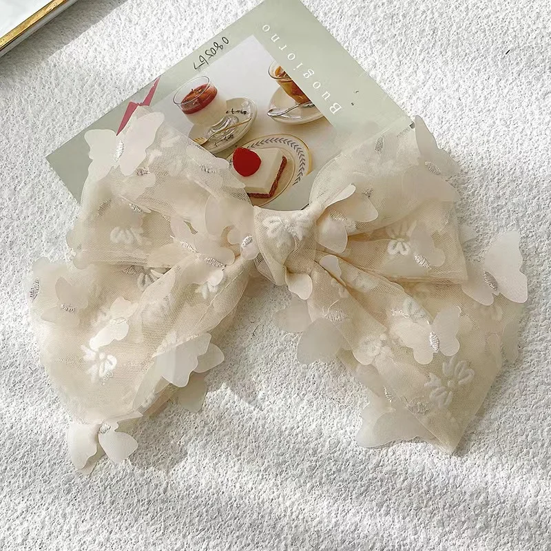 Q&Y Korean INS Spring Summer Girl Solid Color Hairpin Large Double Layer Bow Butterfly Flowers Lace Mesh Barrettes Hair Clip