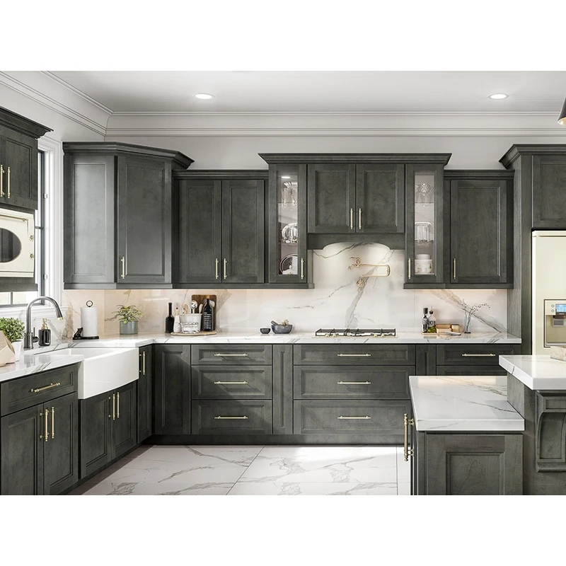 European style cabinet cheap cherry solid wood cupboard set modern kitchen cabinet