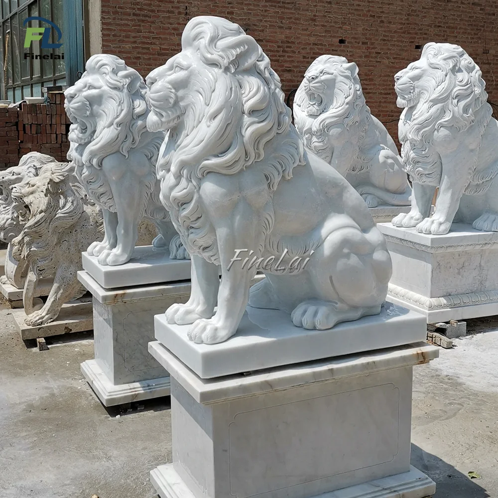 Outdoor Decoration Hand Carved Modern Garden Life Size White Large Marble Sitting Lion Statues For Sale