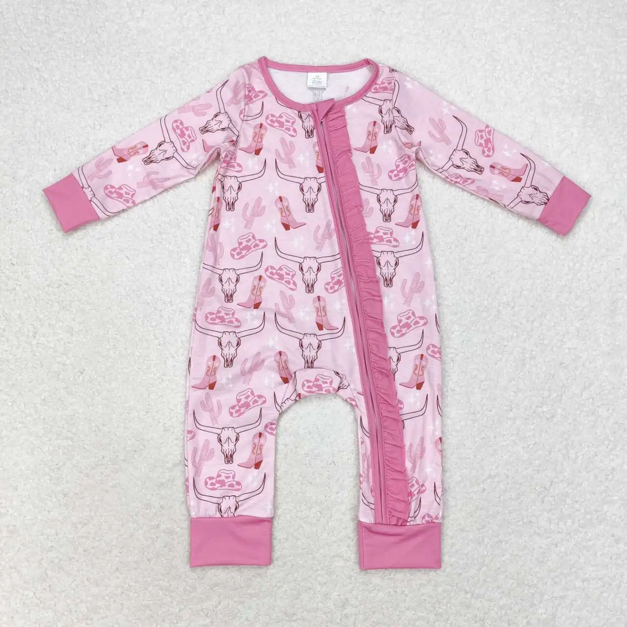LR0689 Fashionable Baby Girl Clothes Long Sleeves Top Alpine Bull Head Cowboy  Print With Jumpsuit Children Clothes Rts No Moq