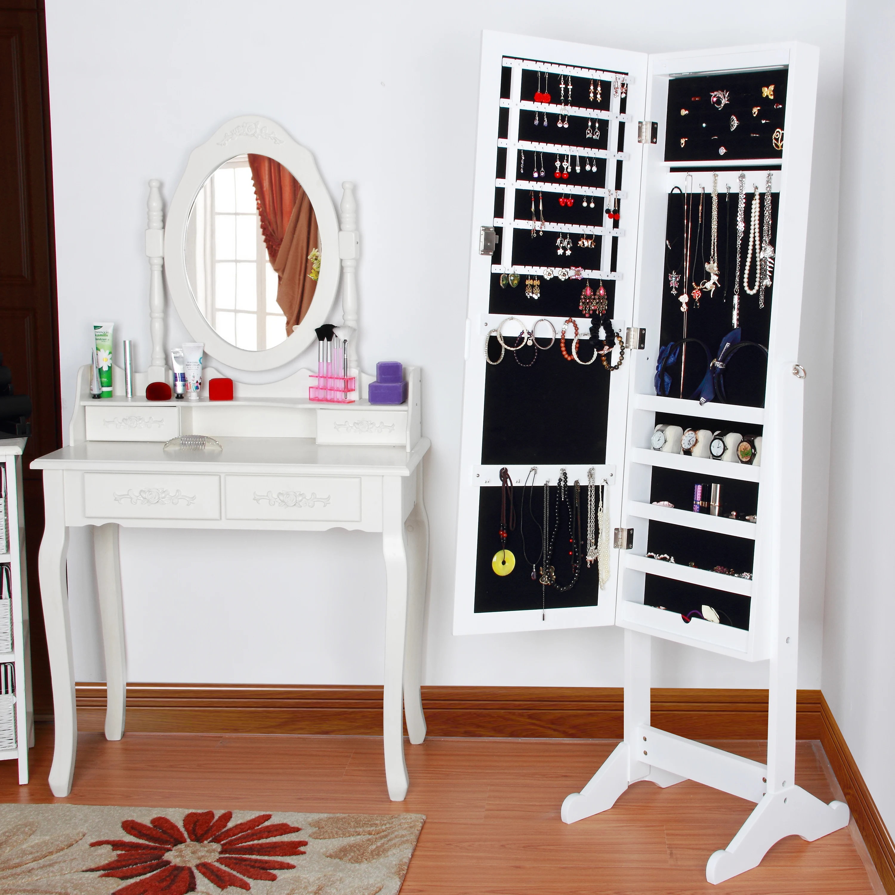 Flat angle MDF wood floor standing Jewelry cabinet mirror full-length mirror with storage box  white black with LED LIGHTING