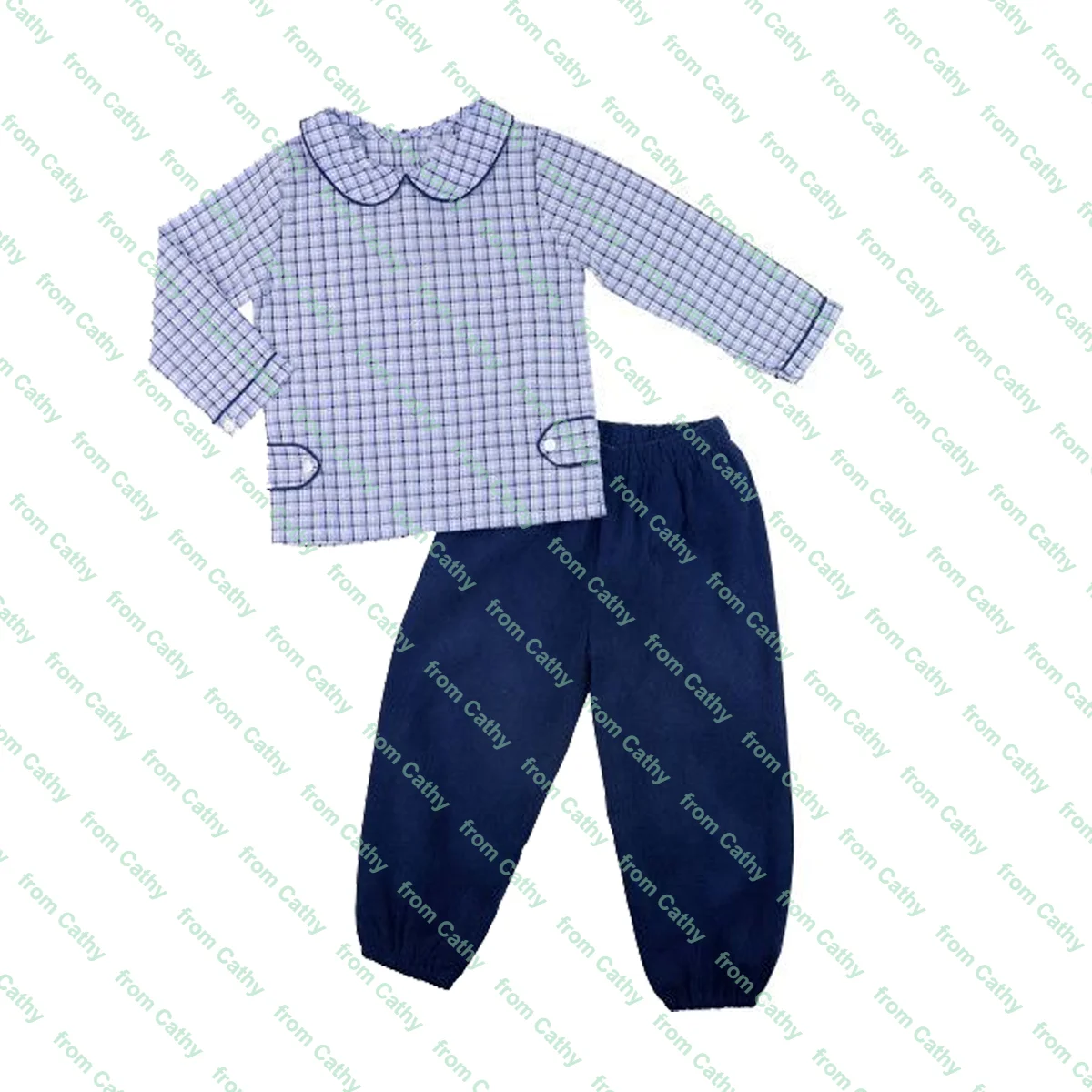 Peter pan collar baby boy pant set long sleeve monogram cotton white shirt with buckle and long pant clothes set for kids boys