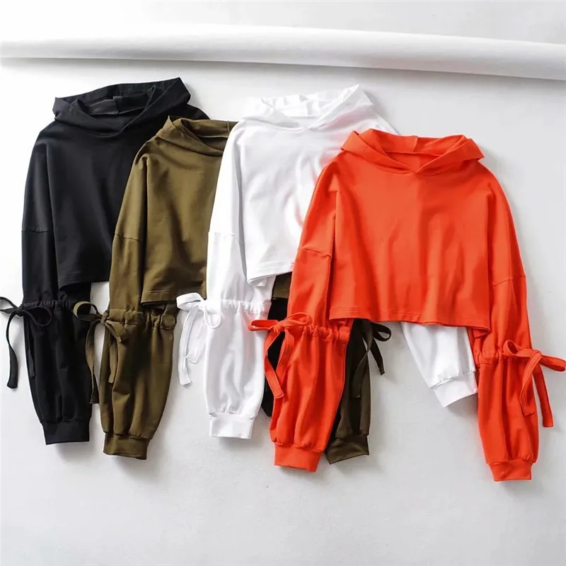 
2020 custom solid color sleeves drawstring ties wide loose hooded sweater short cropped navel crop top hoodies women 