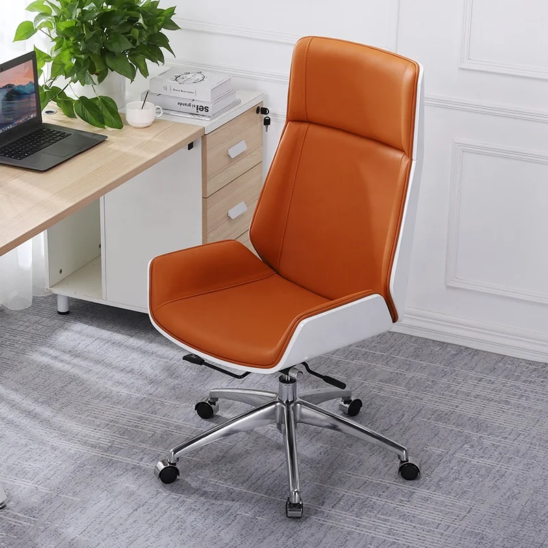 Fashionable high back white piano shell orange leather swivel office recline wheel chair