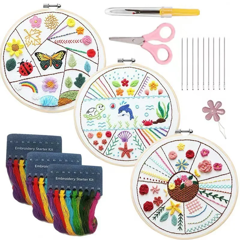 3pcs Embroidery Round Cross Stitch Kit Sewing Craft Kit DIY Embroidery Set for Beginners