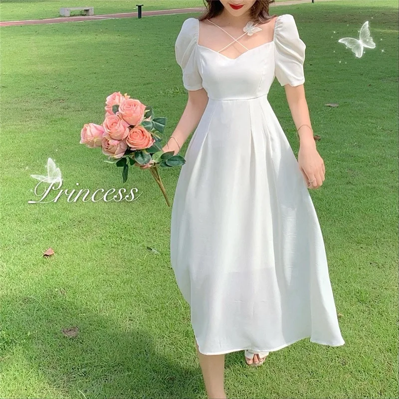 White Dress Woman Summer 2022 Mori Girl Style Princess Fairy Elegant Short Sleeve Midi Dress Party Robe Femme Vestido
