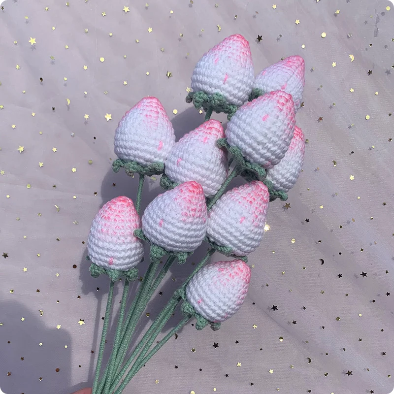 Wholesale handmade crochet knit flower Finished Strawberry Eternal Knitted Wool Yarn knitted artificial flowers
