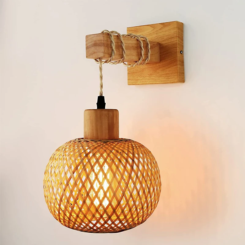 American Standard Customized Wall Hanging Suspension Adjustable Twisted Hemp Weaving Cord Bamboo Wood Wall Lamp