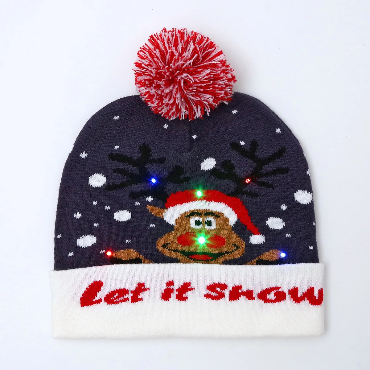 High Quality Winter Custom Christmas Caps Animal With Led Jacquard Beanie Kids Pom Pom Knitted Christmas Beanie Hat