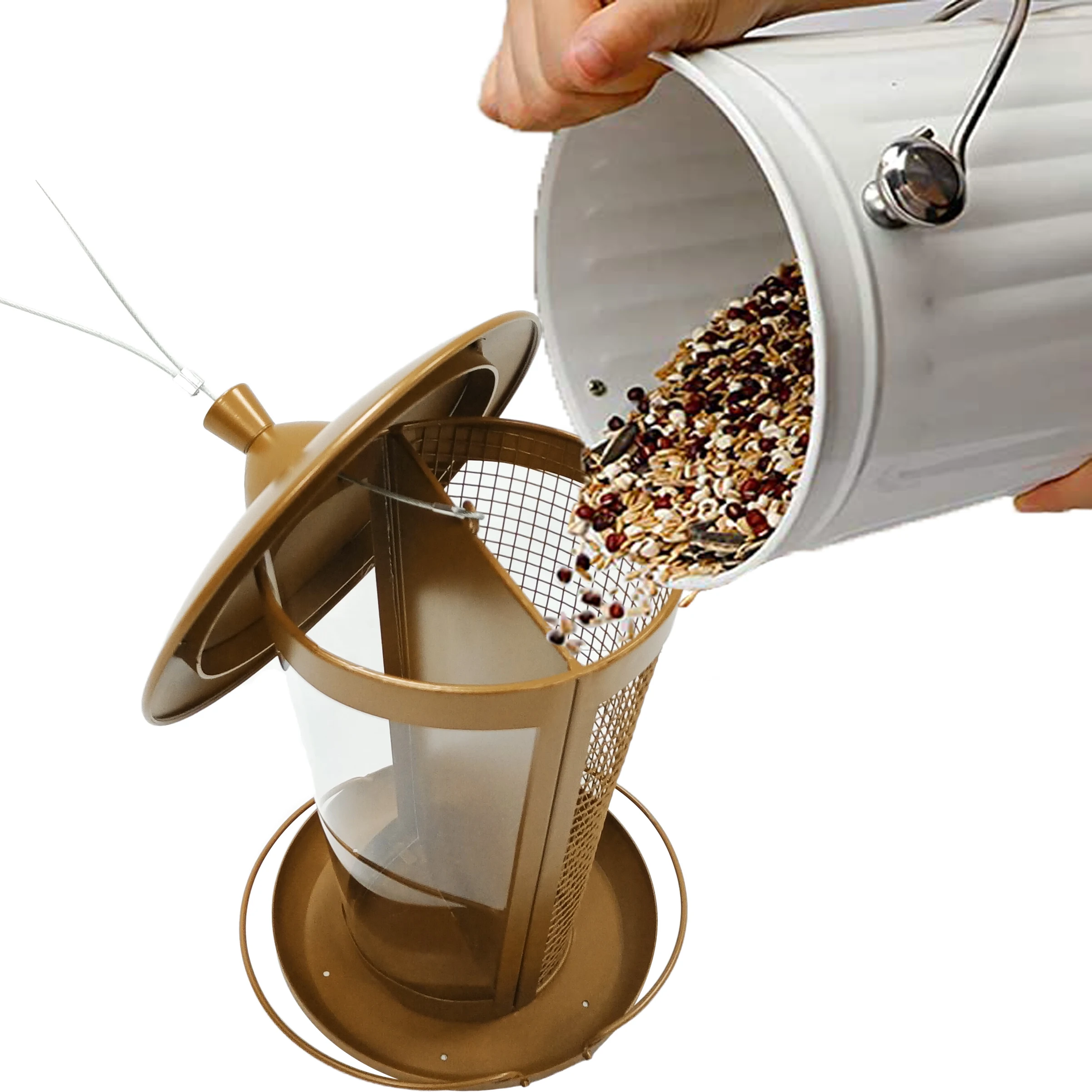  Factory Direct 2 In 1 High Capacity Metal Mesh Plastic Tube Wild Hopper Bird Feeder Outdoor Garden Backyard