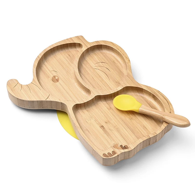 Baby Dinner Wood Plate Baby Bamboo Suction Plate Eco-Friendly Lovely Bamboo Elephant Baby Plate