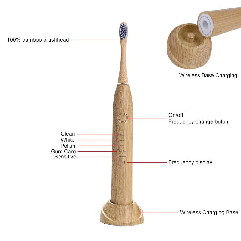 Хит продаж экологически чистая перезаряжаемая ультразвуковая бамбуковая электрическая зубная щетка с головками из древесного угля
