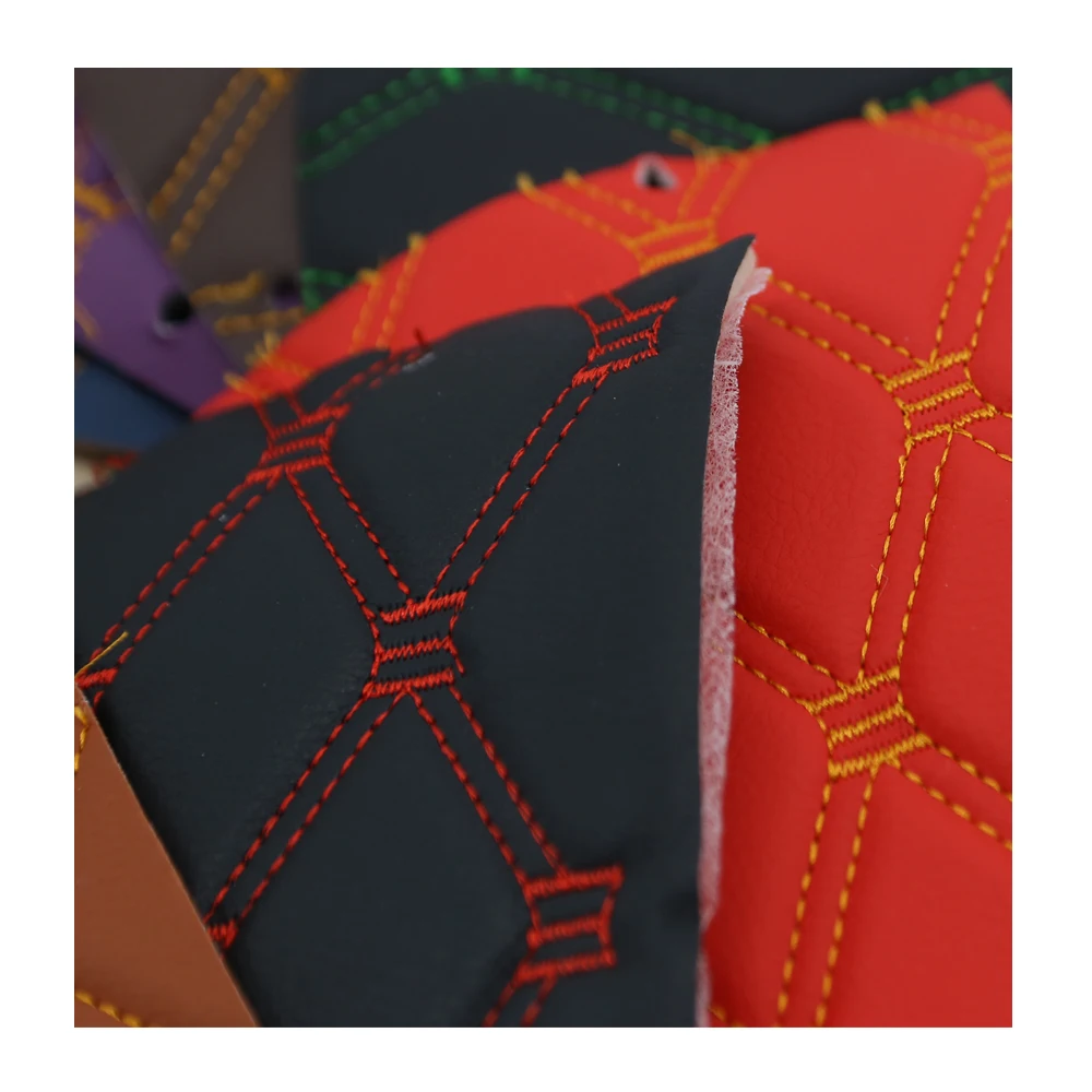 3D Embroidered Dimensional PVC Sponge Foam Upholstery Material Synthetic Leather Quilted Leather Black Green for Car Seat