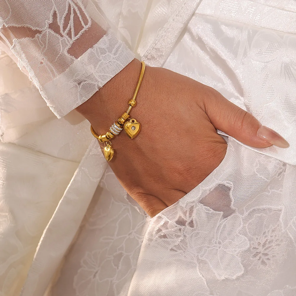 Double Heart Czech Rhinestone Gold Plated Bracelet, Multi Accessory Soft Snake Chain Bracelet Ins Stainless Steel Jewelry