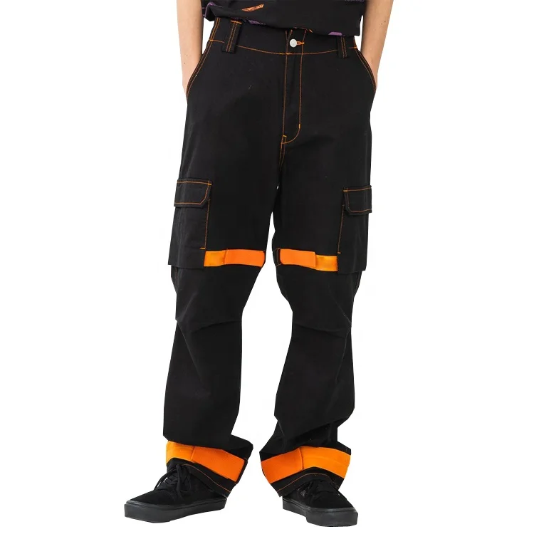 Black/White Plain Cargo Pant with Organe/Navy Contrast Stitching Outdoor England Track Mens Cargo Pants