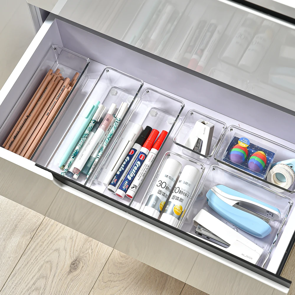 Clear Plastic Drawer Organizer Tray Storager Box for Makeup, Kitchen Utensils, Jewelries and Gadgets