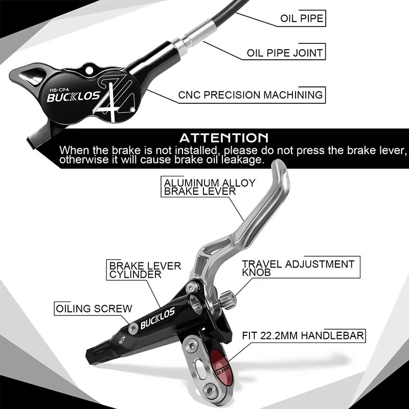 OEM/ODM BUCKLOS MTB 4 Piston Hydraulic Disc Brake 850/1550mm Bicycle Brake Set Oil Pressure AM DH E-bike MTB Disc Brakes