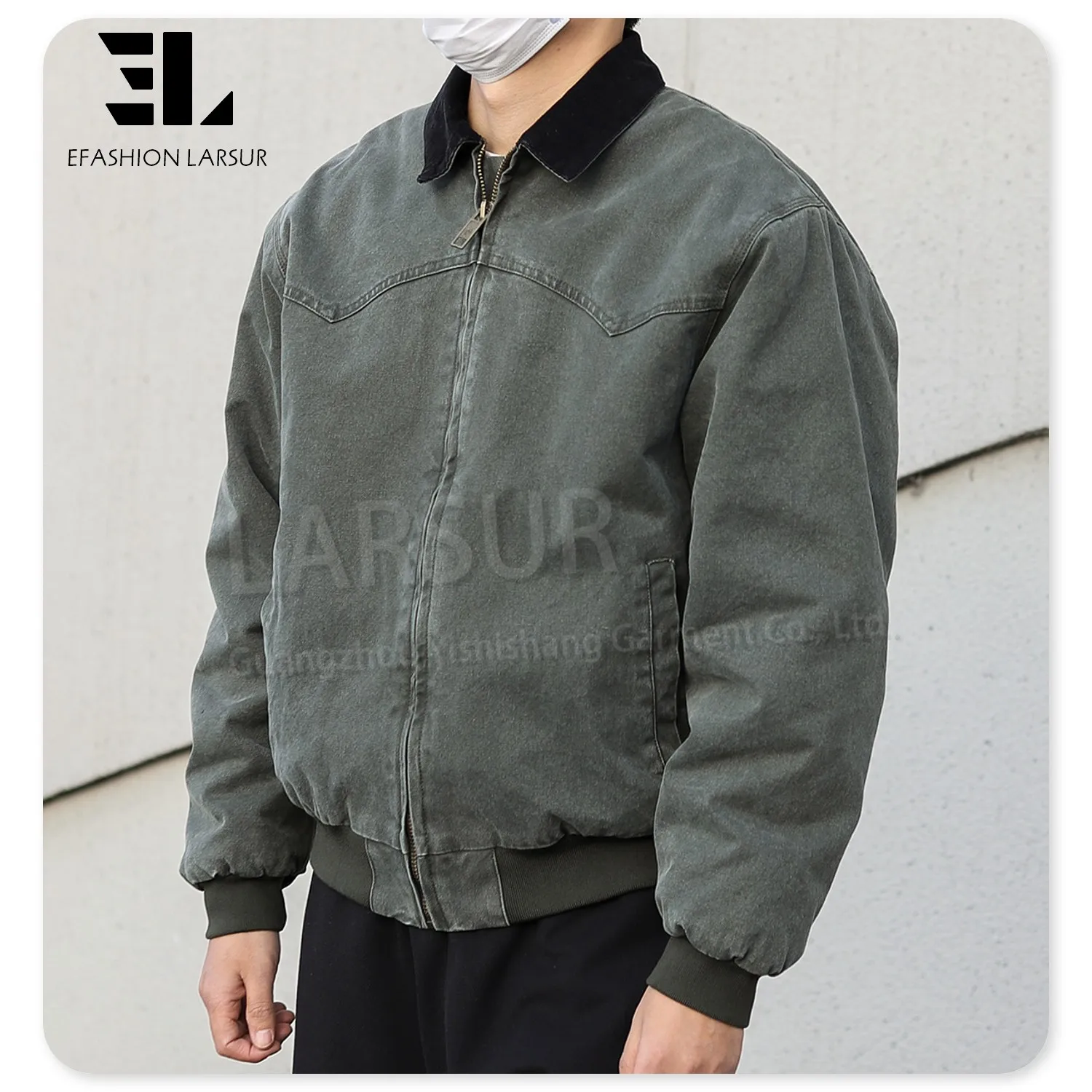 LARSUR Custom clothing manufacturer distress wash denim bomber flight jacket cotton twill short biker denim jean jacket men