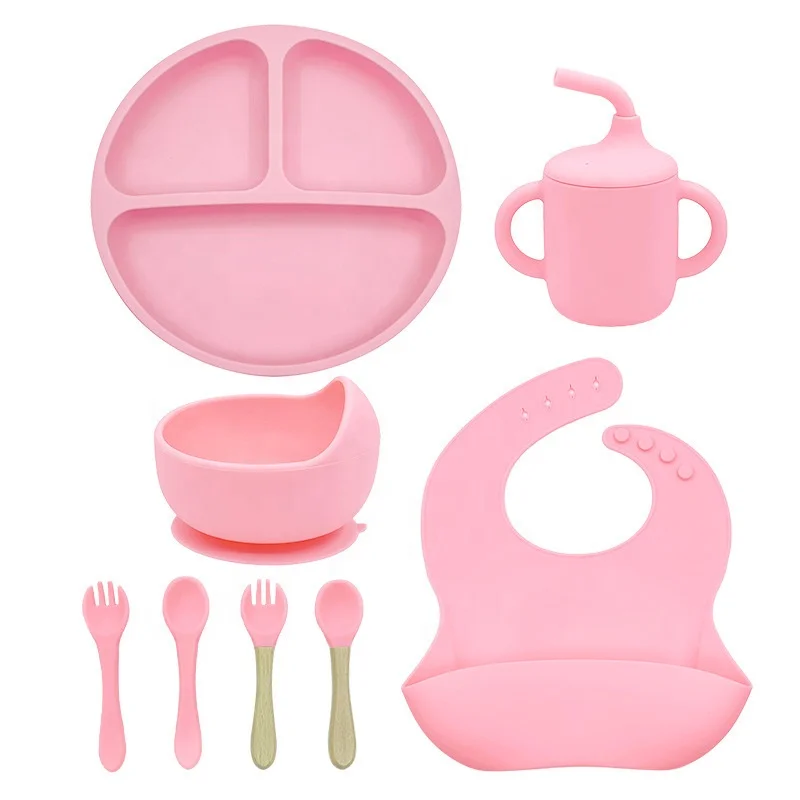 Wholesale BPA Free Silicone Kids Tableware 8pcs Set Infant Complementary Feeding Tool Baby Tableware Sets