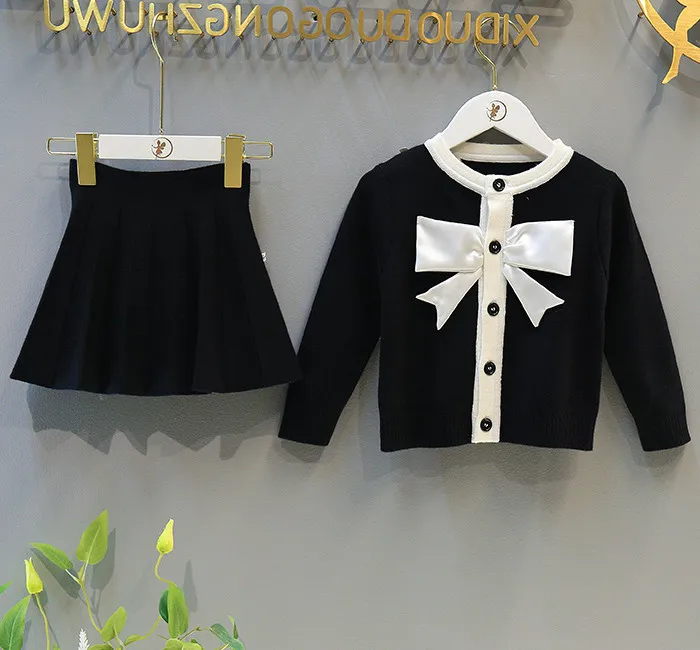 New Style Kids Children Winter Clothing Set Knitting Cardigan Skirt  Baby Girl Winter Cardigan Sweater With Bow