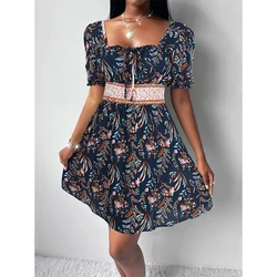 Wholesale Ladies Fashion Dresses Puff Sleeve Square Neck Tied Front Short Pleated A-line Smocked Girls Dress