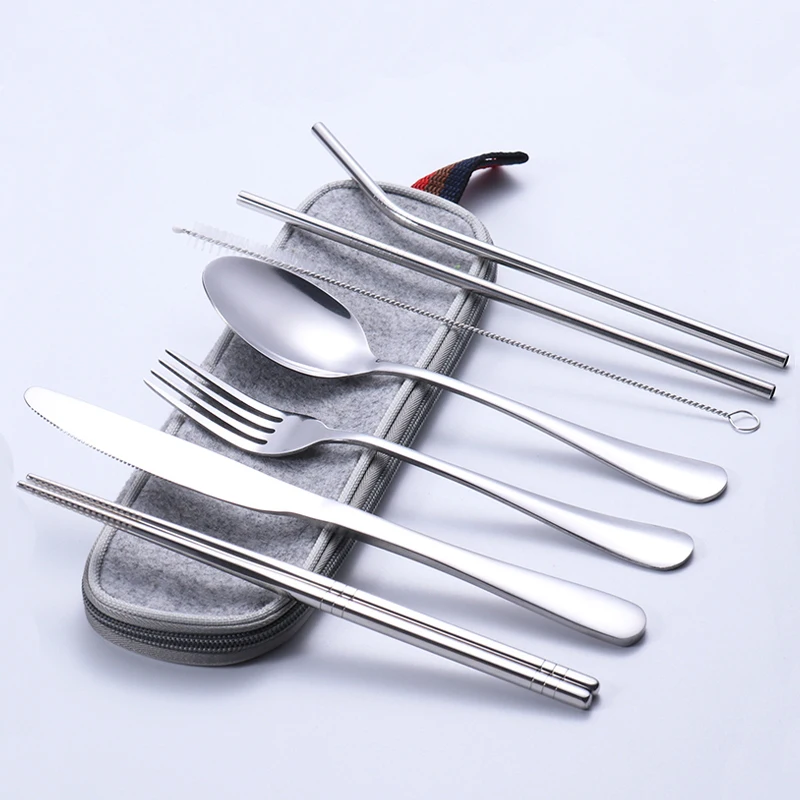 Wholesale travel cutlery silver high quality stainless steel 304 portable flatware bags