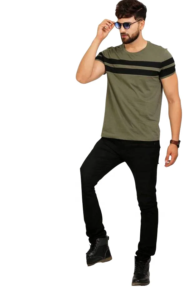 
Wholesale Direct Factory Sale Blank Custom Branded 100% Cotton khaki with black stripes Men T Shirt 