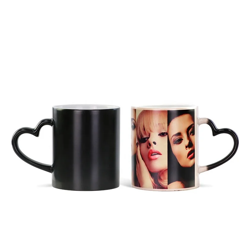 Custom thermal transfer color change coating cup heart-shaped handle magic tumbler heat transfer sublimation ceramic mug