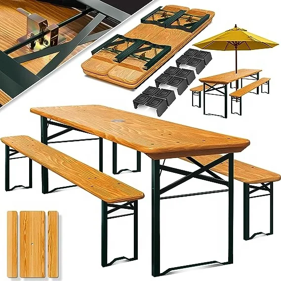 Outdoor Beer Tent Table Beer Garden table for camping Furniture Foldable 2xBenches 1xTable Standing Seat Set Wood 220cm, 3 piece