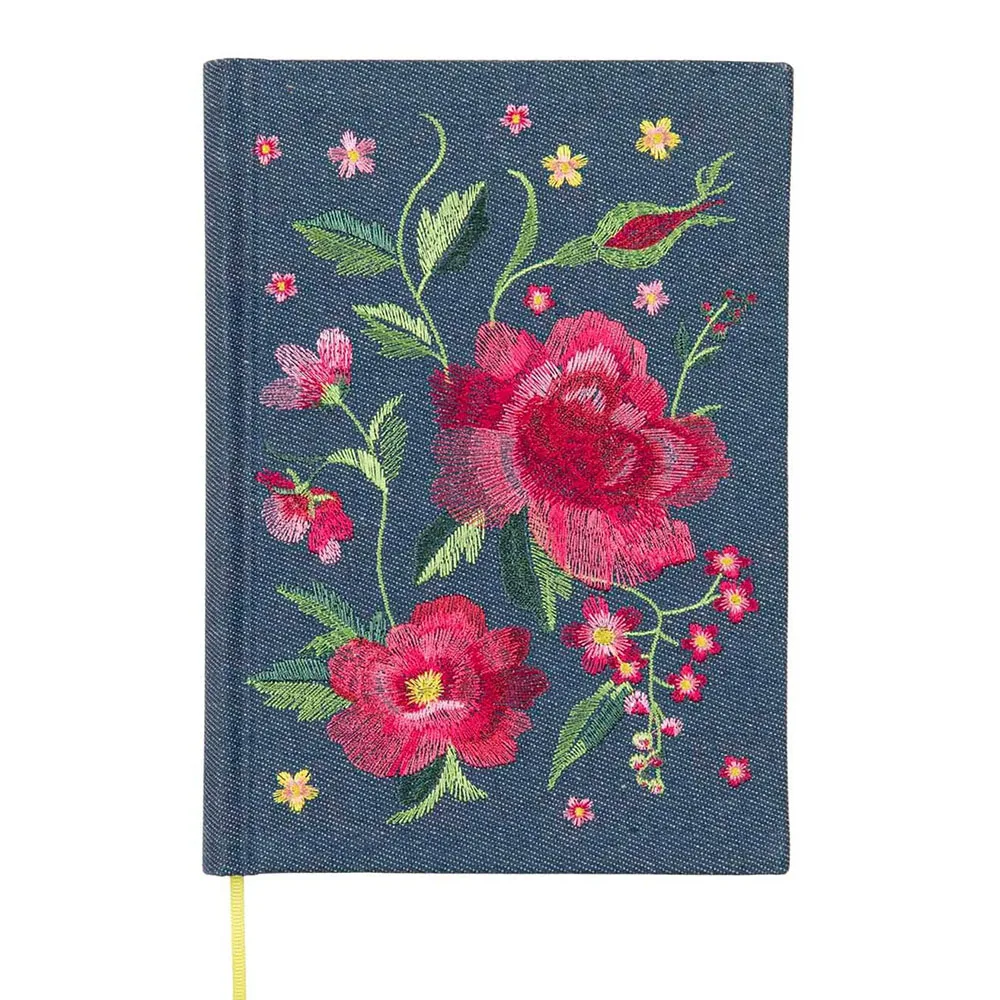Custom Logo A5 Hardcover Lined Ruled Paper Embroidery Journal Fabric Linen Notebook