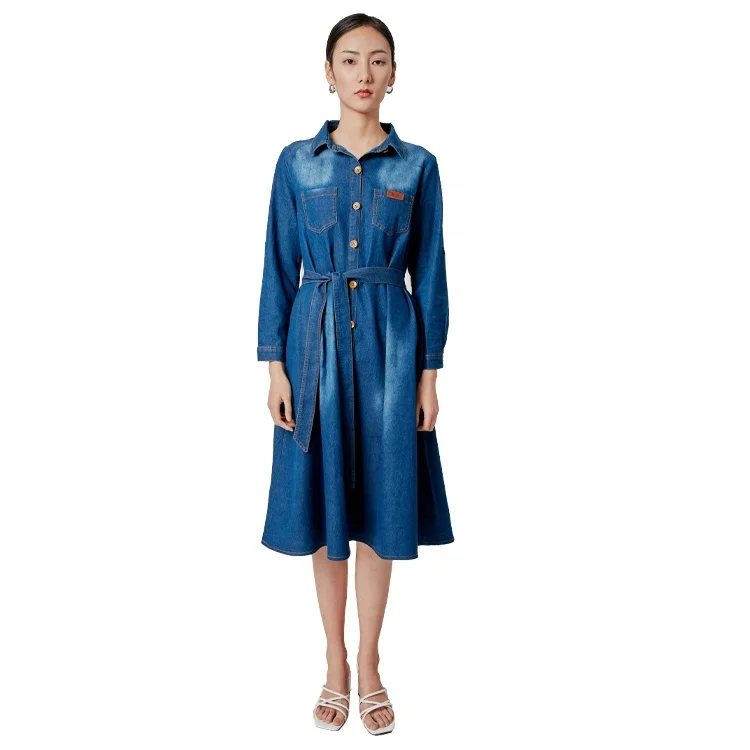 
Fashion Spring Long Sleeve Women Vintage skinny Small V Neck Jean Dresses 