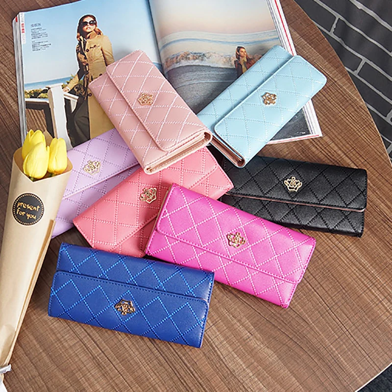 Fashionable Metal Crown Long Ladies Purses Female PU Leather Card Holders Clutch Wallets Bag for Women
