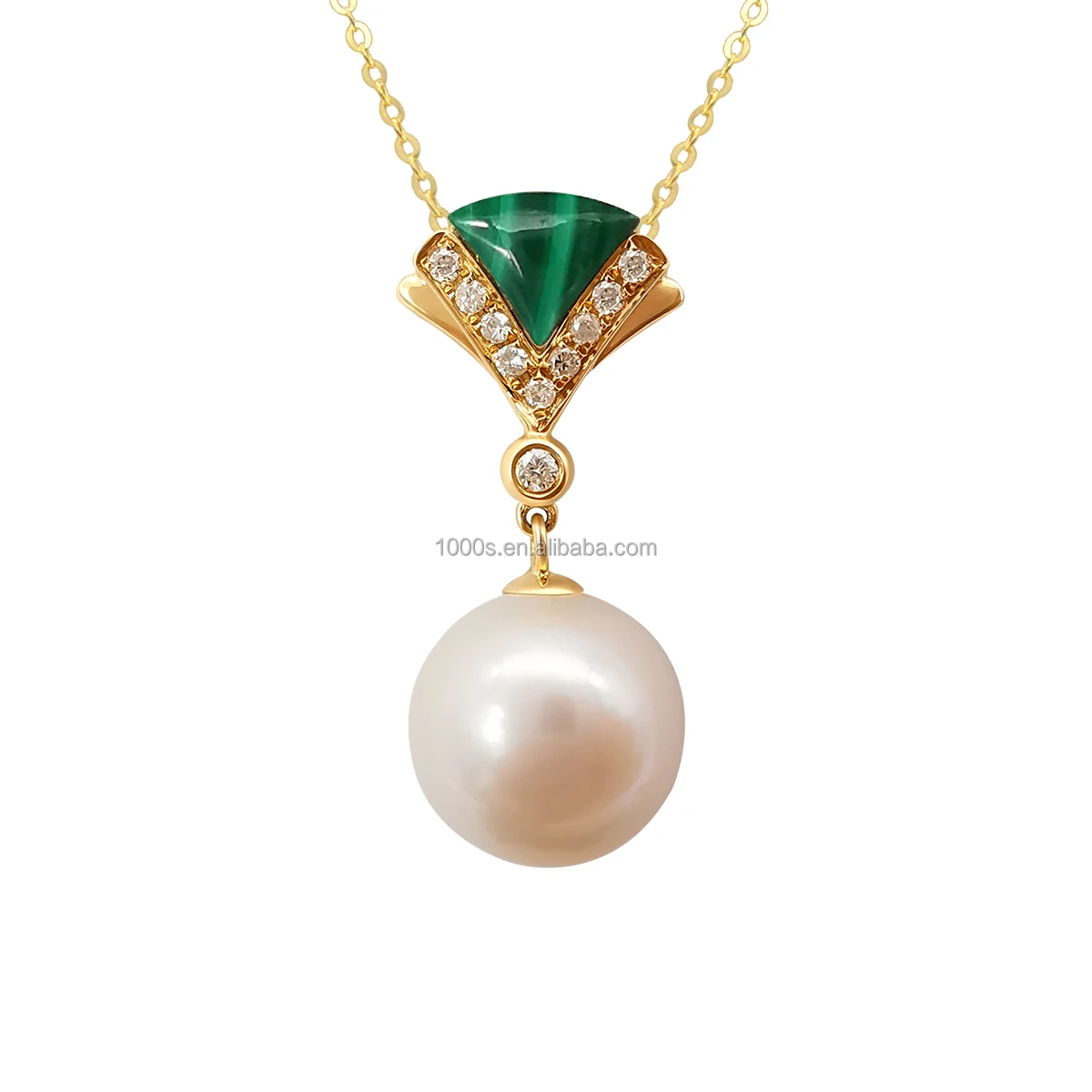 Fresh Pearl Pendant Real Gold Necklace 18K Solid Rose Gold Jewelry Natural Diamond Malachite Necklace