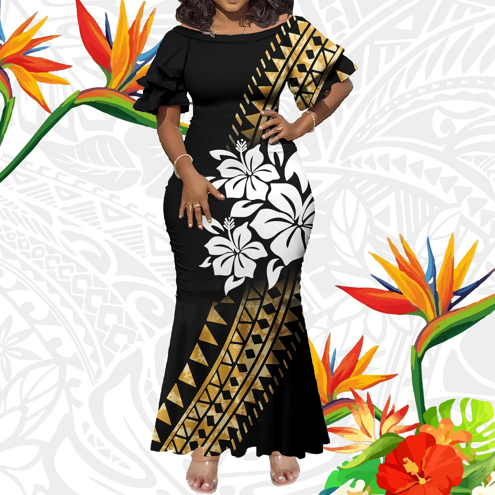 Factory Outlet Tribal Design Custom Big Size Lady Party Mermaid Dress Cheap Off Shoulder Maxi Sexy Dresses Polynesian Clothing