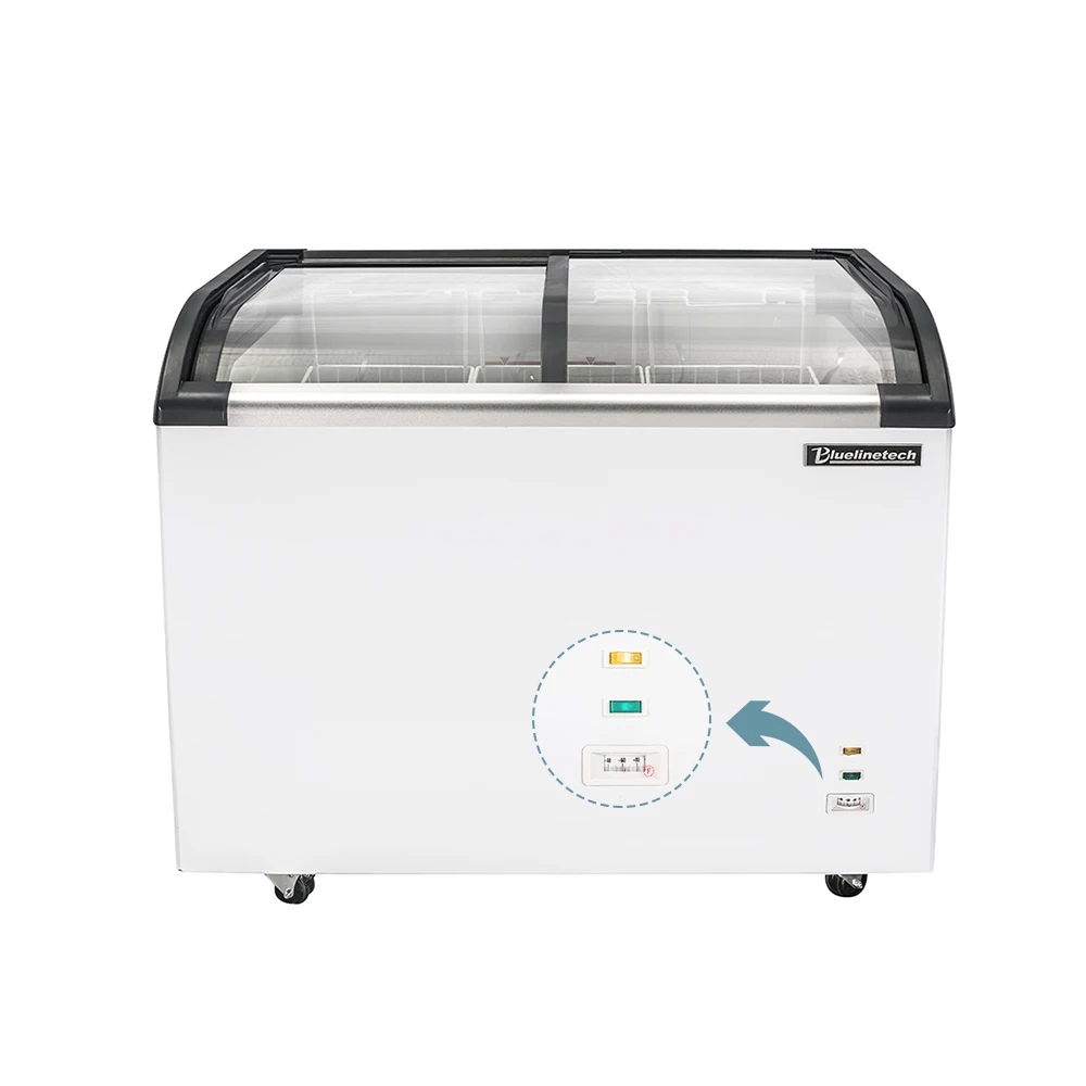 Supermarket Curved Glass Door Meat Showcase Commercial Island Chest Freezer
