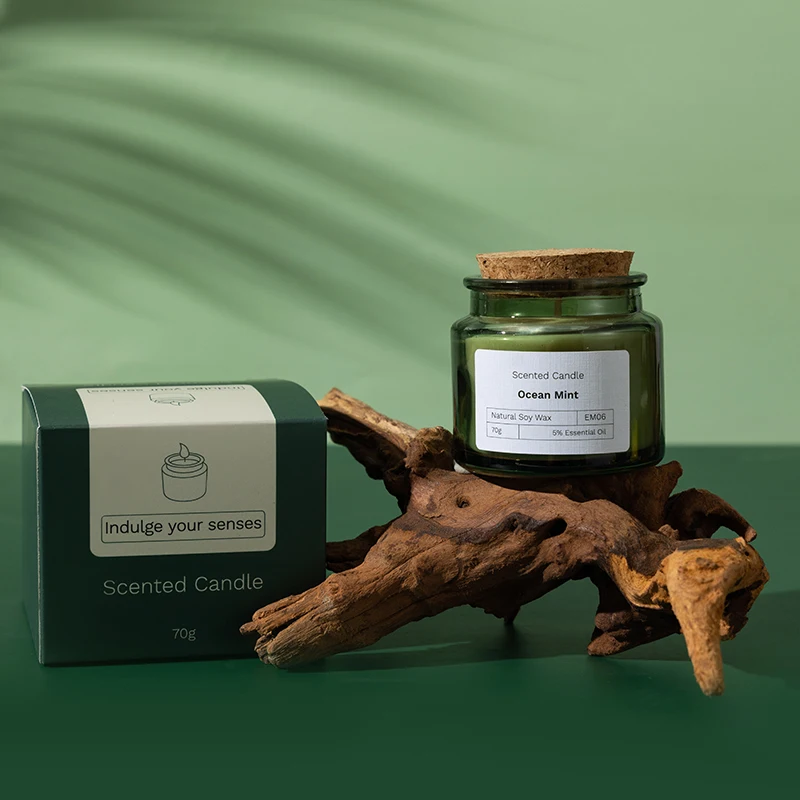 wood lid green glass small jar fragrance soy wax color gift box 70 g scented candle