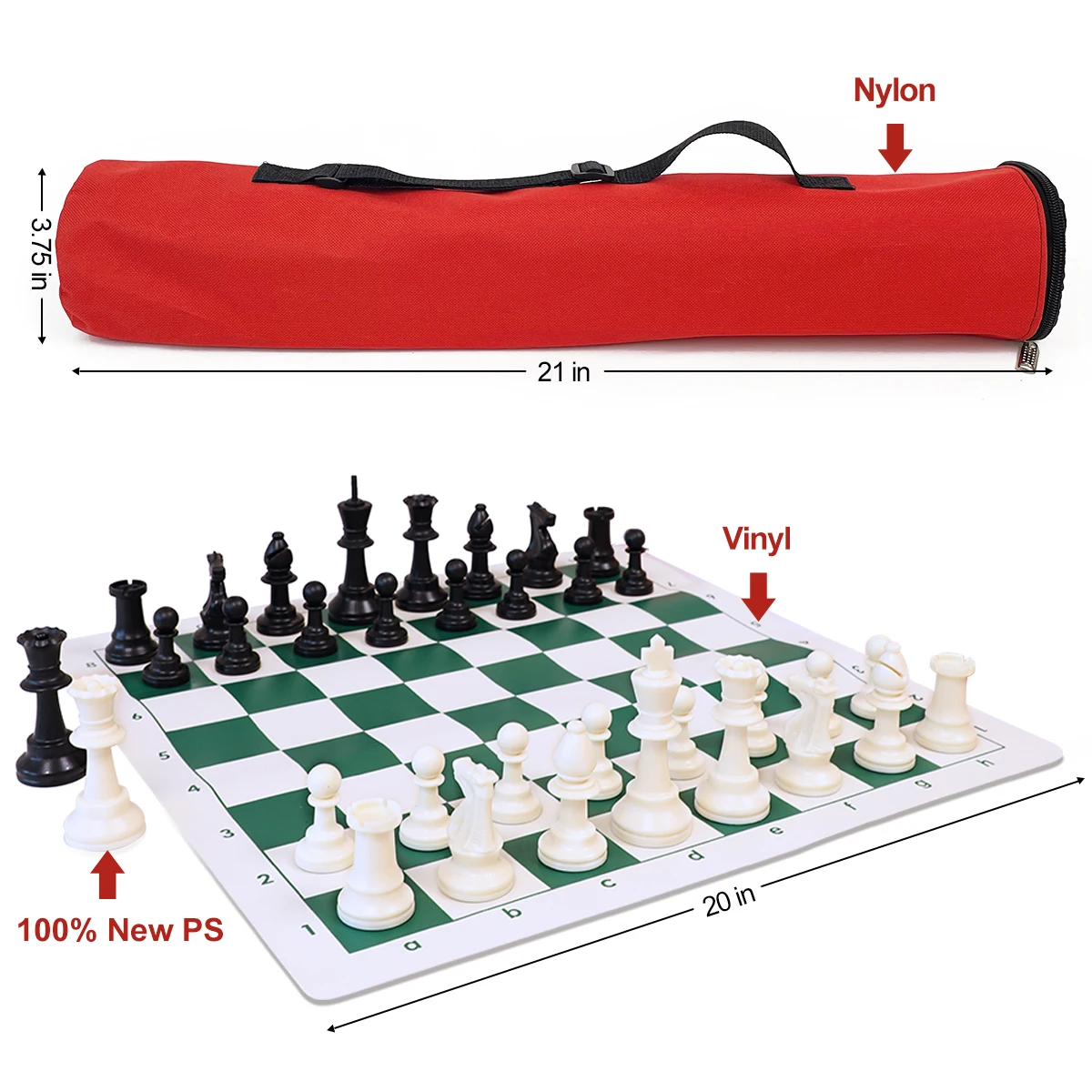 Custom nylon outdoor chess bag+20 inch vinyl tournament chess sets board+Heavy PS material 3.75 inch king luxury chess pieces
