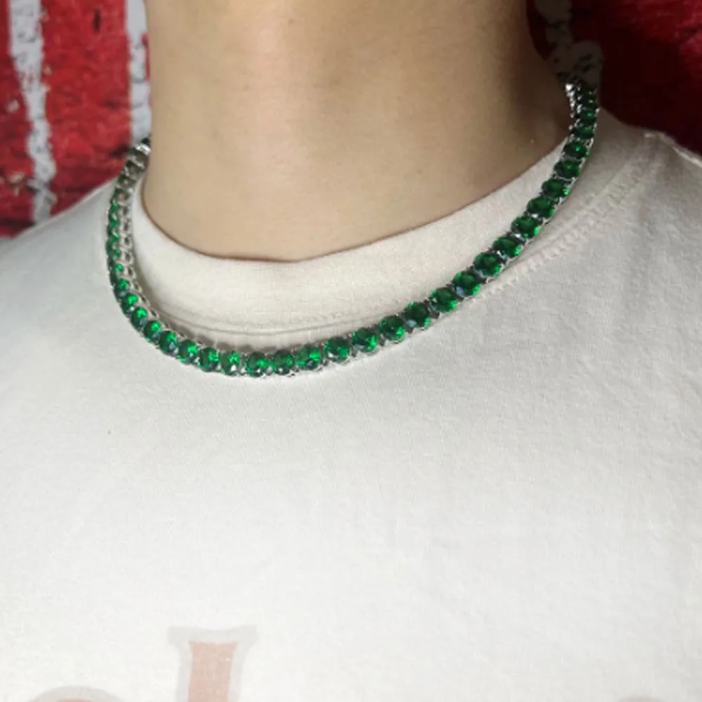 Iced Out 7mm Emerald Zircon Cuban Chain Necklace for Woman Tennis Chain Hip Hop One Row Chain  Man Women Fashion Jewelry