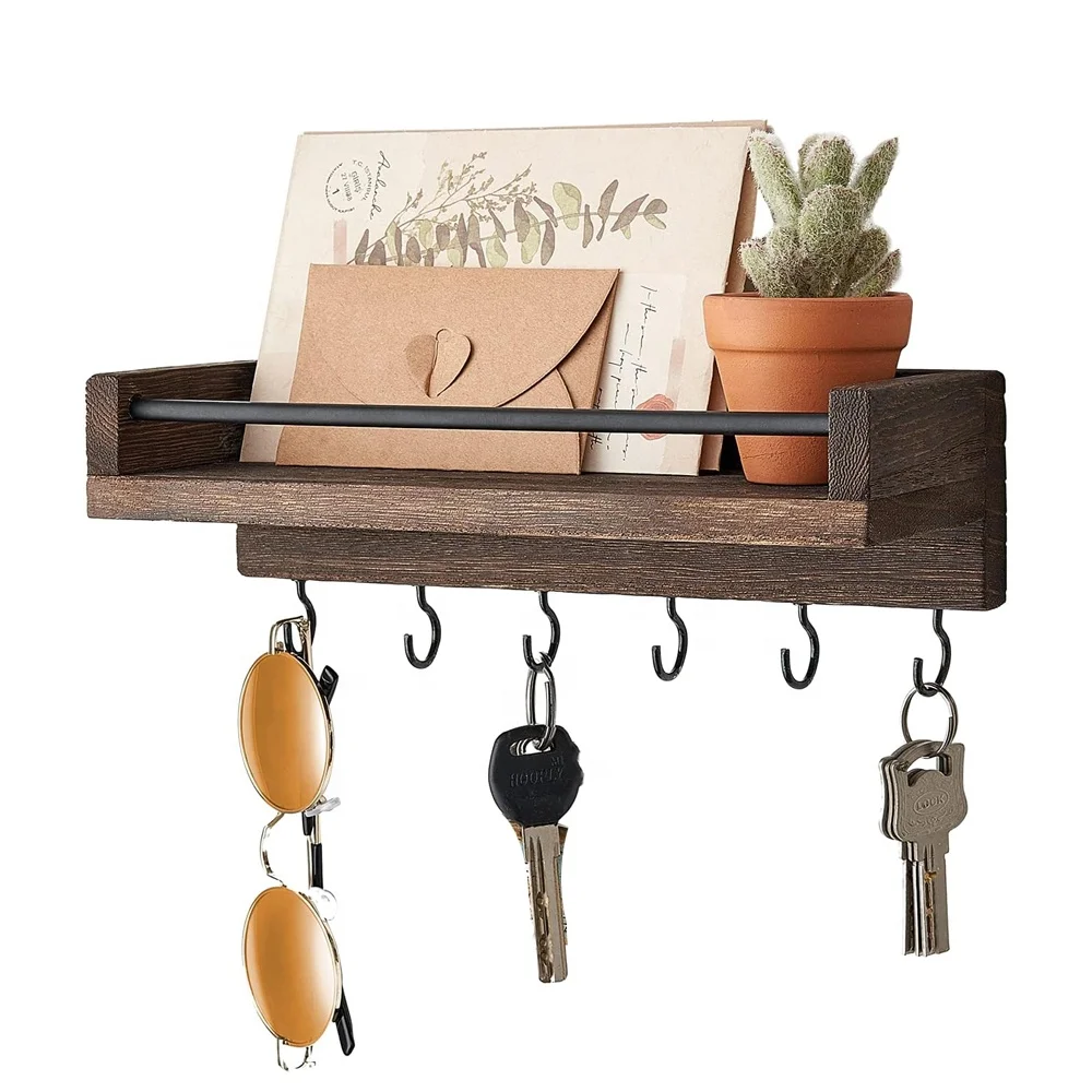 Rustic brown wood key rack with 6 hooks decorative display keys hanger organizer for entryway wood key holder for wall