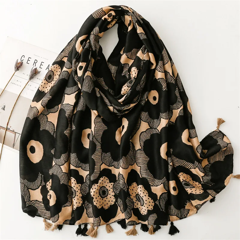 Autumn Thick Warm Black Flower Viscose Cotton Printed Scarf Indoor Shawl Muslim Women Head Wraps Dubai Arab Hijab Scarves