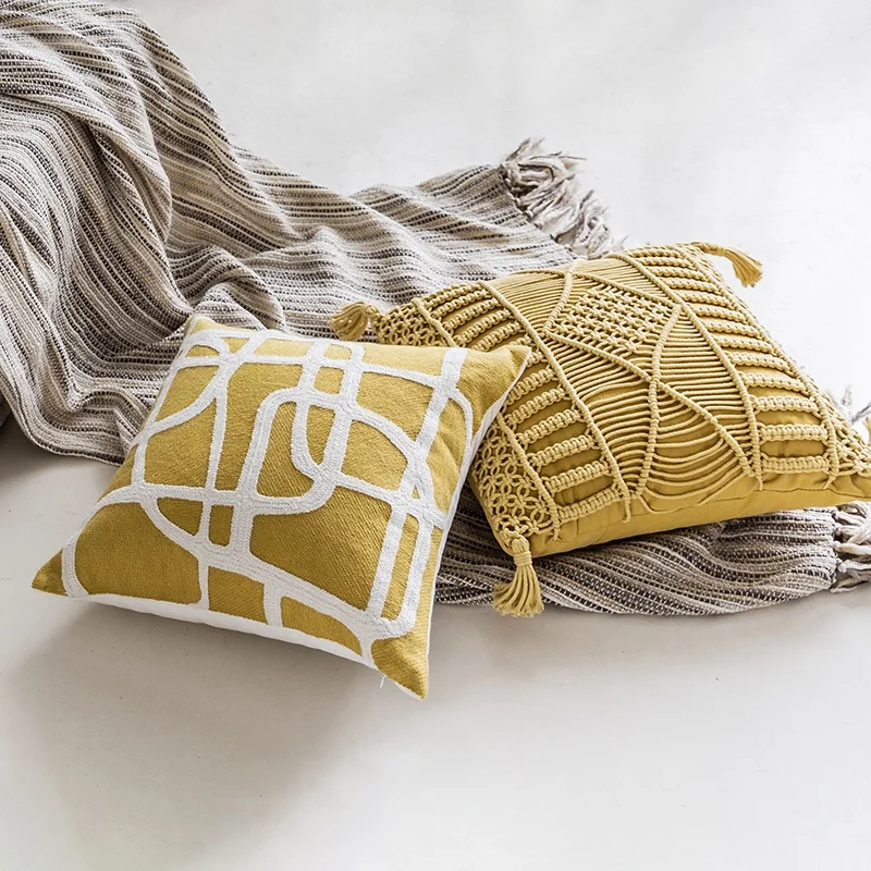 Monad Good Quality Decorative Square Chinese Embroidered Yellow Solid Cotton Pillow Sets Cushion Cover For Sofa