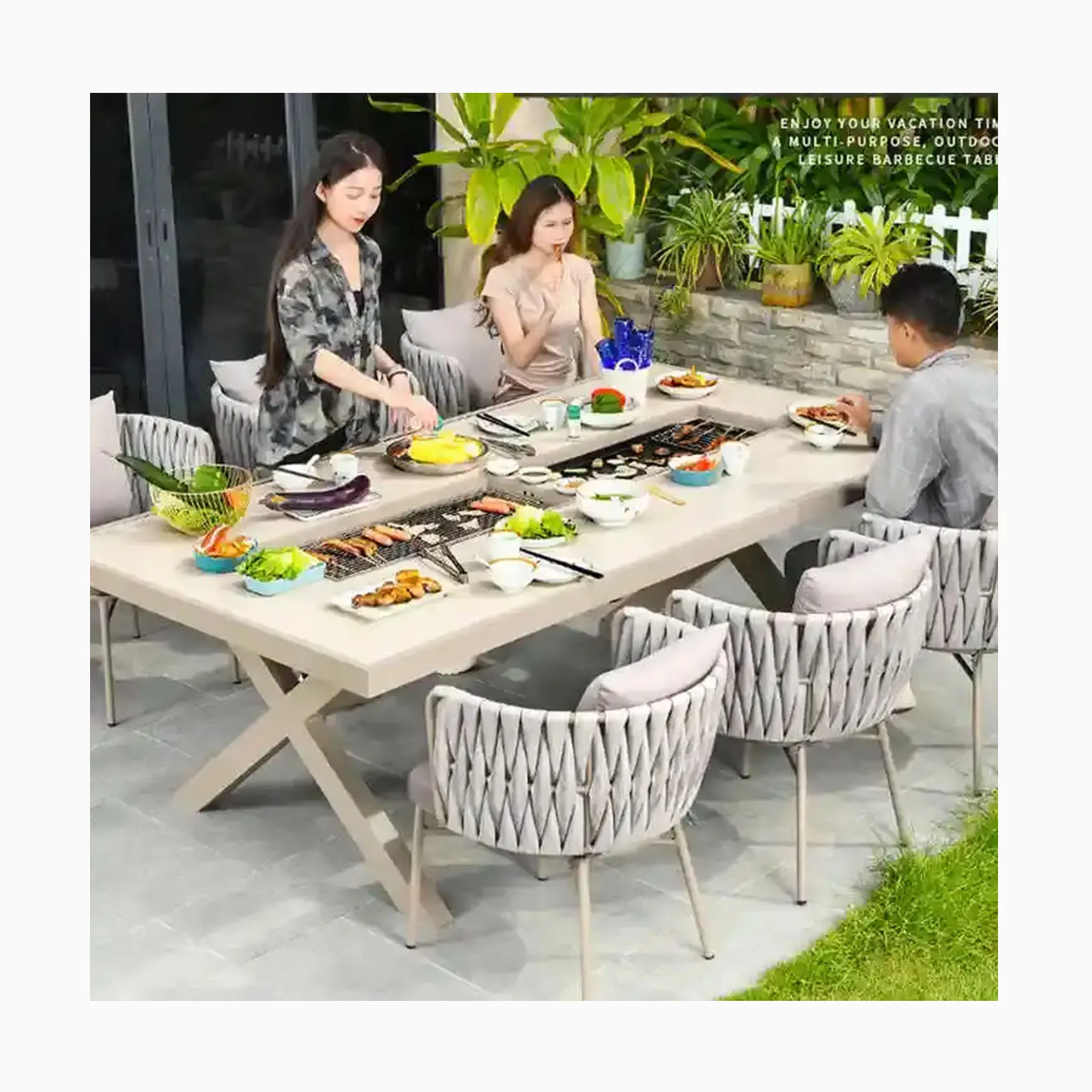 [ZUOAN IMPRESSIVE]Outdoor Furniture Barbecue Charcoal Grills Table Plastic Wood Tabletop Al Wood X Legs Electric Roasting Table